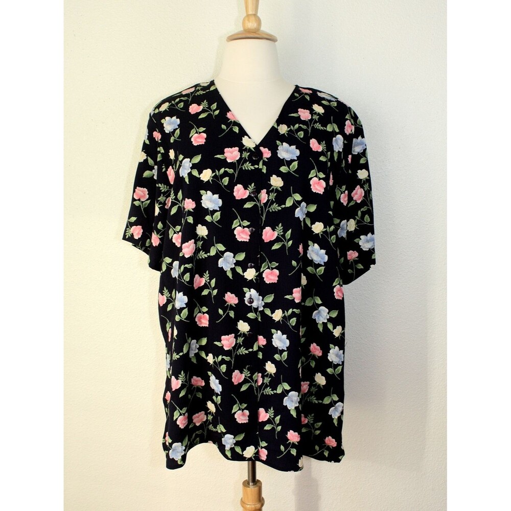 NWT VTG Romantic ERENA V-Neck SS Blouse Black Pink Light Blue Floral Feminine 3X
